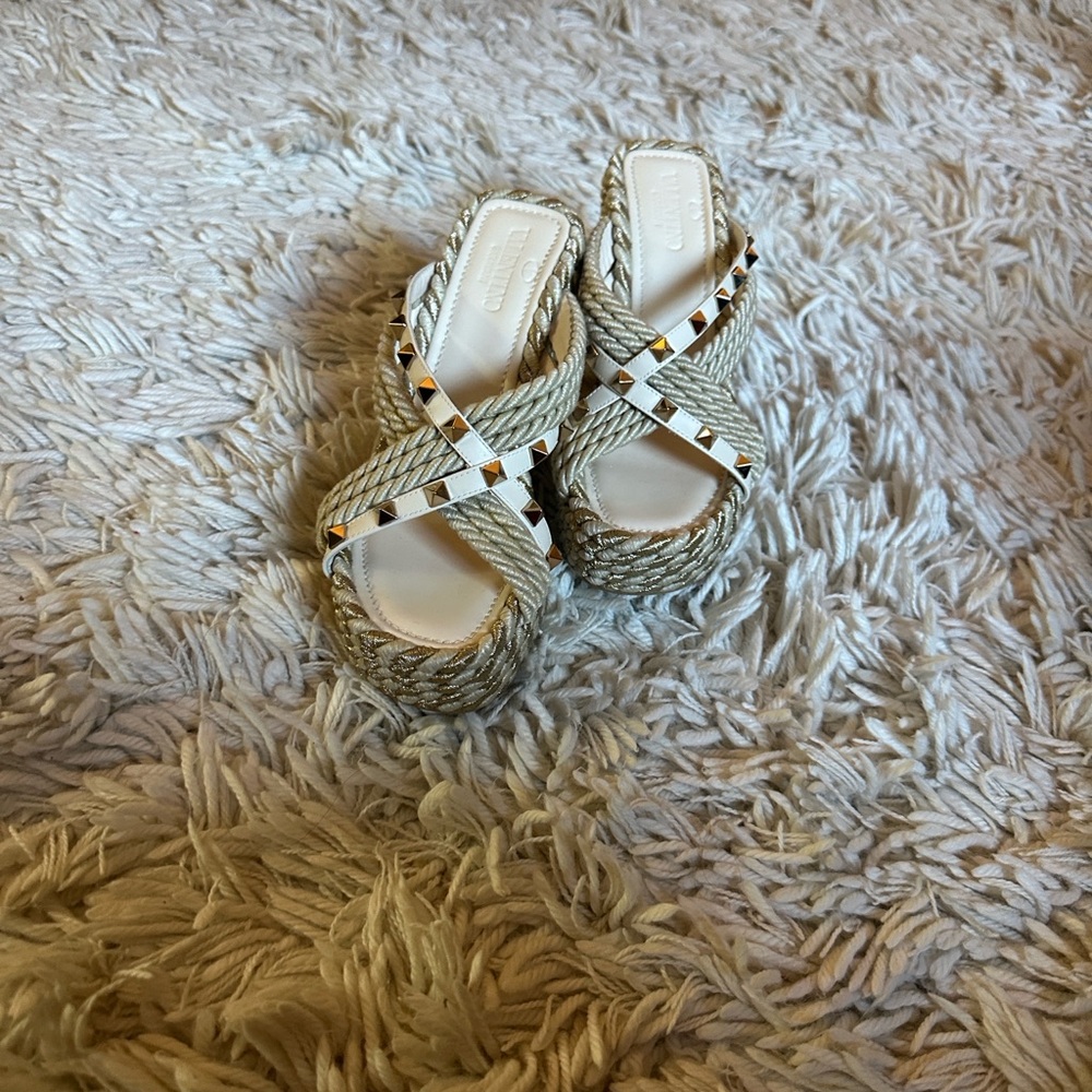 Valentino Garavani White and Gold Studded Rope Wedge Sandals